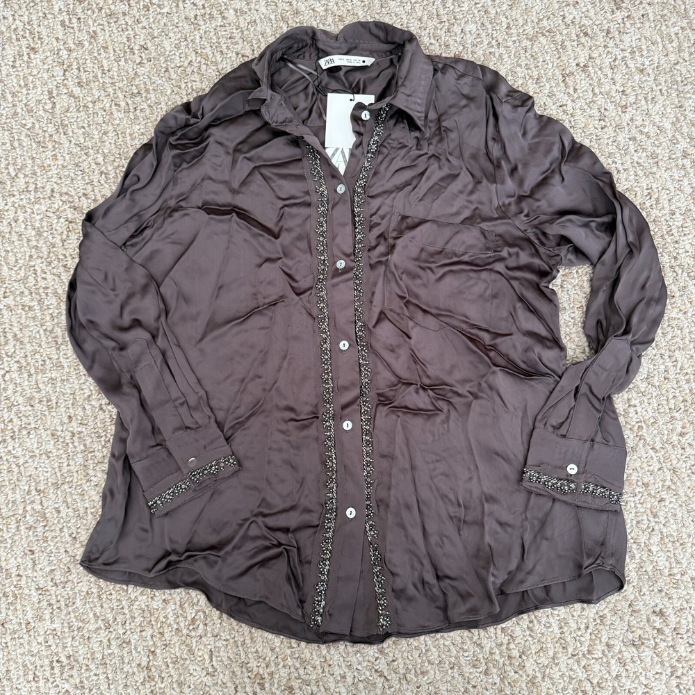 ZARA Blouse Women Small Satin Effect Pocket Embellished‎ Dress Shirt MSRP$90